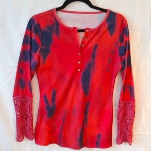 Tye dye ribbed top with crochet arms.